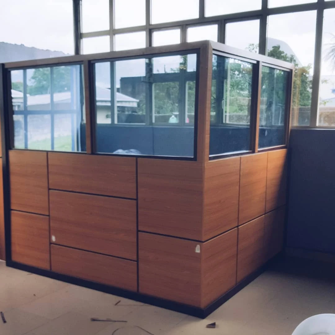 Glass and wood partition in a church media room