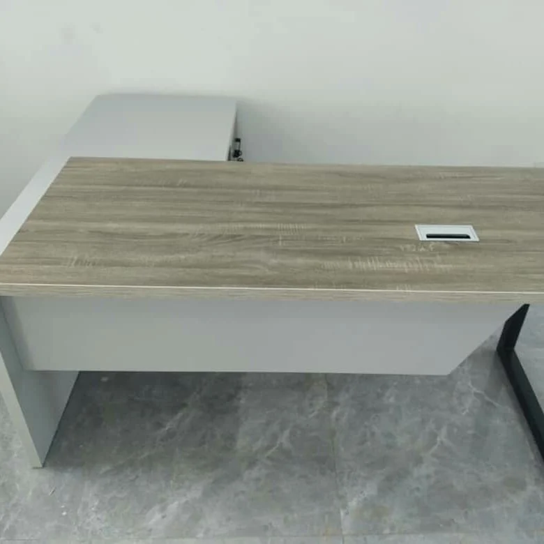 Grey floating office desk with steel detail